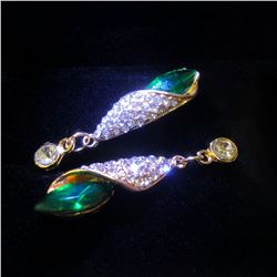 Ladies Gold Tone Long Eardrop Crystal Cubic Zircon Emerald Stud Earrings