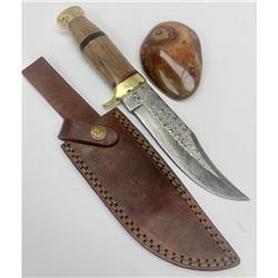 11  Inlaid Bone Handle Damascus Hunting Knife With Stitched Leather Sheath