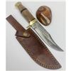 Image 1 : 11" Inlaid Bone Handle Damascus Hunting Knife With Stitched Leather Sheath