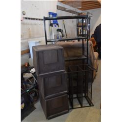 2 Metal Storage Racks & 3 Plastic Storage Bins
