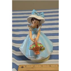 Vintage Japan 6.5" Blue Flower Basket Music Box Figurine