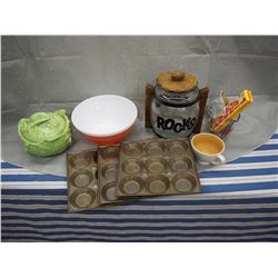 Vintage Charm by Pyrex Bowl, Fire King Measuring Cup,Muffin Trays,Rocks Jar w/lid ETC