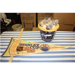 Stanley Cup Pennant 1985 & Pail with 4 Glasses