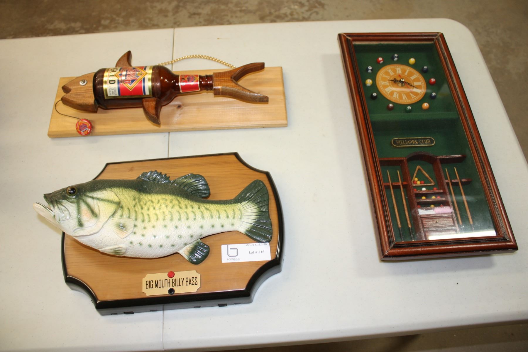 Pool Table Wall Clock, Bottle Fish, and Working Singing Fish