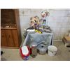 Image 1 : Lot of garden decor, plastic wash pail, stainless steel garbage can, etc