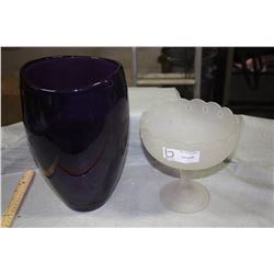 Large Purple Flower Vase 12" with Frosted Glass Fruit Bowl Pedestal 7.5"