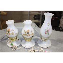 3 Milk Glass Electric Lamps 2 11" 1 13.5"