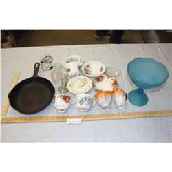 Cast Iron Frying Pan, Blue Dish and Misc Dishes