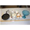 Image 1 : Cast Iron Frying Pan, Blue Dish and Misc Dishes