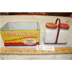 Vintage Milk Glass Salt/Pepper Shakers in Rack with Fleischmann's Yeast Wall Mount