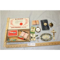 Cigar Box with Trinkets, War Amp Tags, Pins, Nabob Coupons and etc