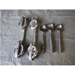 3 Vintage Ice Cream Scoops, 2 Vintage Clothes Line Spacers