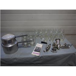 Lot of Clear Glass, Double Boiler, New Hand Mincer Grinder