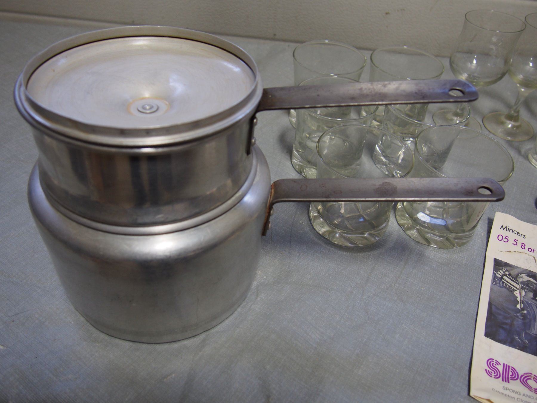 Lot of Clear Glass, Double Boiler, New Hand Mincer Grinder