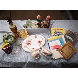 Assorted Household Collectables: Glassware, Lamp Base, Royal Albert Serving ware, Figurines, etc