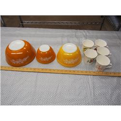 3 Pyrex Bowls, 5 Royal Grafton Fine Bone China Cups