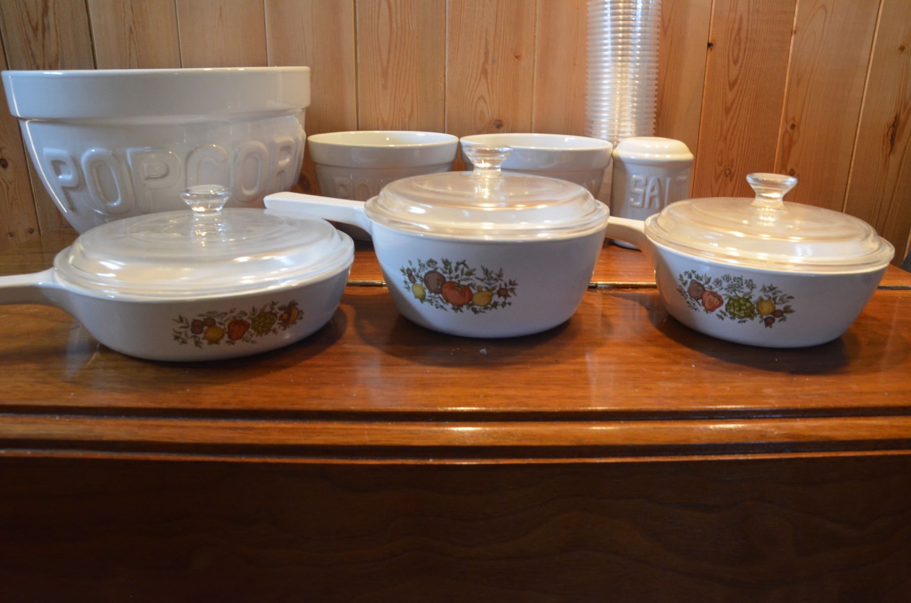 3 Piece Corning ware set w/ Lids and Popcorn Bowl set(3) w/ Shakers