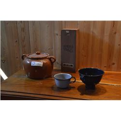 #2 Bean Pot, Alberta Springs Wooden Box, Enamel Cup and Food Funnel