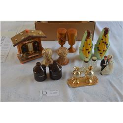 6 Pairs of Salt and Pepper Shakers and Ornate Thermometer