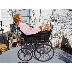 Vintage Wicker Doll Carriage with Doll