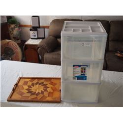 Plastic 3 Drawer Storage Container, Wooden Serving Tray