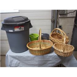 Rubbermaid Roughneck Garbage Can w/ lid ,3 Wicker Baskets ,2 Plastic Outdoor Pots