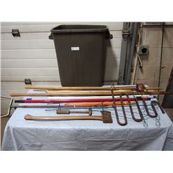 Axe,Various Handles,Copper Sprinkler Set up,Garbage Can Etc