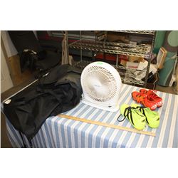 Male 8.5 Cleats (Red), Male 8 Running shoes (Yellow), Fan and Tarp