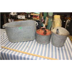 Galvanize Tub, and 2 Old Gas Cans