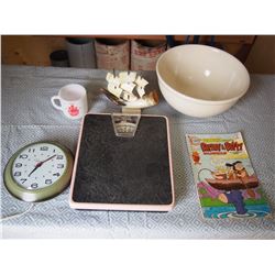 Horn Ornament, Bowl, Scale, Cup, Comic and Clock (working)