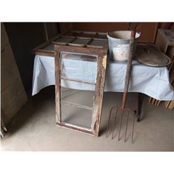 Vintage Windows, Metal Pail, Pitchfork, and Tub Lid