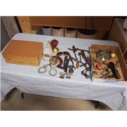 Lot of Misc Items: handcuffs, lamp chimney, vintage tools, hardware