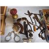 Image 4 : Lot of Misc Items: handcuffs, lamp chimney, vintage tools, hardware