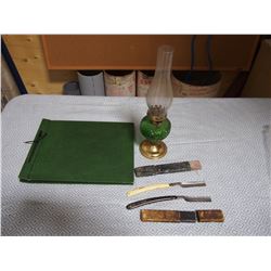 Photo Book, 2 Vintage Razors with Cases, Lamp