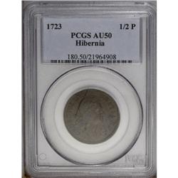 1723 1/2 P HIBERNIA AU50 PCGS.From The Michael Casper 1723[1/2P] Hibernia Halfpenny AU50 PCGS.