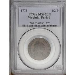 1773 1/2P Virginia Halfpenny, Period MS63 Brown PCGS. 1773[1/2P] Virginia Halfpenny, Period MS63 Bro