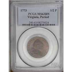 1773 1/2P Virginia Halfpenny, Period MS63 Brown PCGS. 1773[1/2P] Virginia Halfpenny, Period MS63 Bro