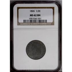 1826 1/2 C MS62 Brown NGC. B-1, C-1, R.1. A smooth dar 1826[1/2 C] MS62 Brown NGC.