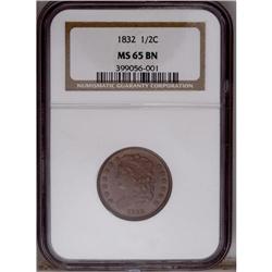 1832 1/2 C MS65 Brown NGC. B-2, C-2, R.1. A magnificen 1832[1/2 C] MS65 Brown NGC.