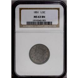 1851 1/2 C MS63 Brown NGC. C-1, B-1, R-1. The base of 1851[1/2 C] MS63 Brown NGC.