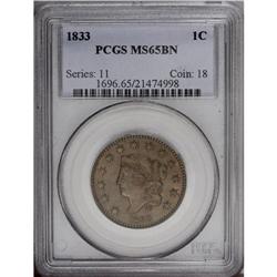 1833 1C MS65 Brown PCGS. N-5, R.1. A golden brown and 1833[1C] MS65 Brown PCGS.