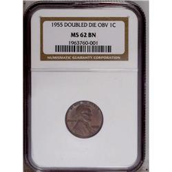 1955/55 1C Doubled Die Obverse MS62 Brown NGC. Attract 1955/55[1C] Doubled Die Obverse MS62 Brown NG