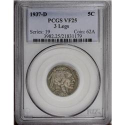 1937-D 5C Three-Legged VF25 PCGS. FS-020.2. A mid-grad 1937-D[5C] Three-Legged VF25 PCGS.