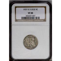 1937-D 5C Three-Legged VF30 NGC. FS-020.2. A mid-grade 1937-D[5C] Three-Legged VF30 NGC.