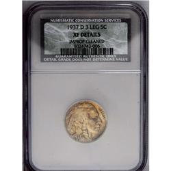 1937-D 5C Three-Legged--Improperly Cleaned--NCS. XF De 1937-D[5C] Three-Legged--Improperly Cleaned--