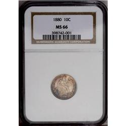 1880 10C MS66 NGC. Golden-brown, lavender, and cobalt- 1880[10C] MS66 NGC.