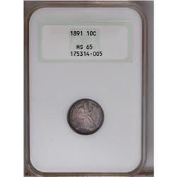 1891 10C MS65 NGC. Pleasing luster peeks through mediu 1891[10C] MS65 NGC.
