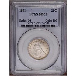 1891 25C MS65 PCGS. Frosty luster covers the surfaces 1891[25C] MS65 PCGS.