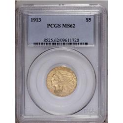 1913 $5 MS62 PCGS. A satiny tan-gold piece that boasts 1913[$5] MS62 PCGS.