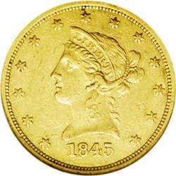 1845-O $10 AU53 NGC. Breen-6869, Repunched Date. The 8 1845-O[$10] AU53 NGC.